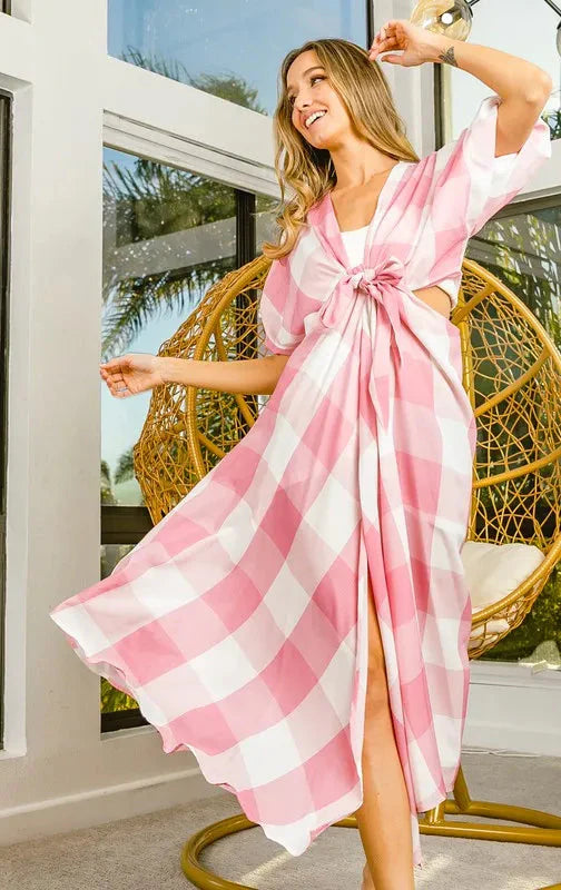 BiBi Front Tied Checkered Puff Sleeve Dress with Cut Out Detail