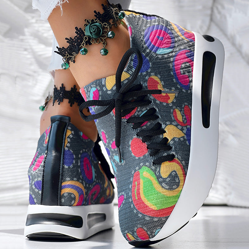 Women's Random Print Side Lace-Up Elastic Sport Shoes, Comfortable Slip-On Sneakers For Women, Casual Daily Wear Footwear See size chart under “more details”