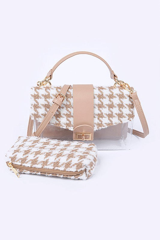 2 In 1 Houndstooth Print Clear Bag Set With Pouches