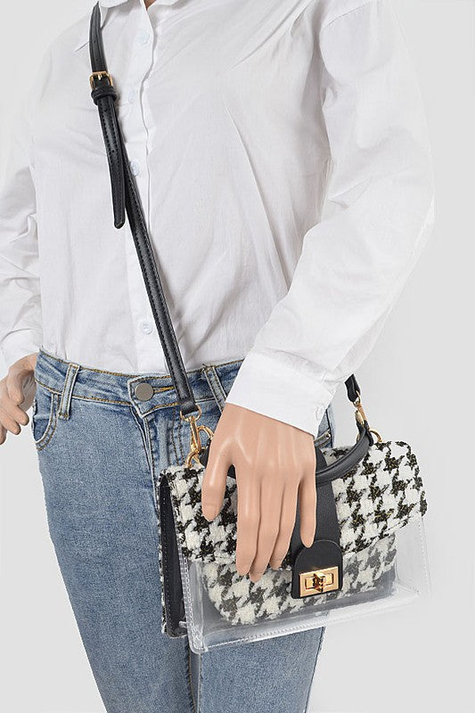2 In 1 Houndstooth Print Clear Bag Set With Pouches