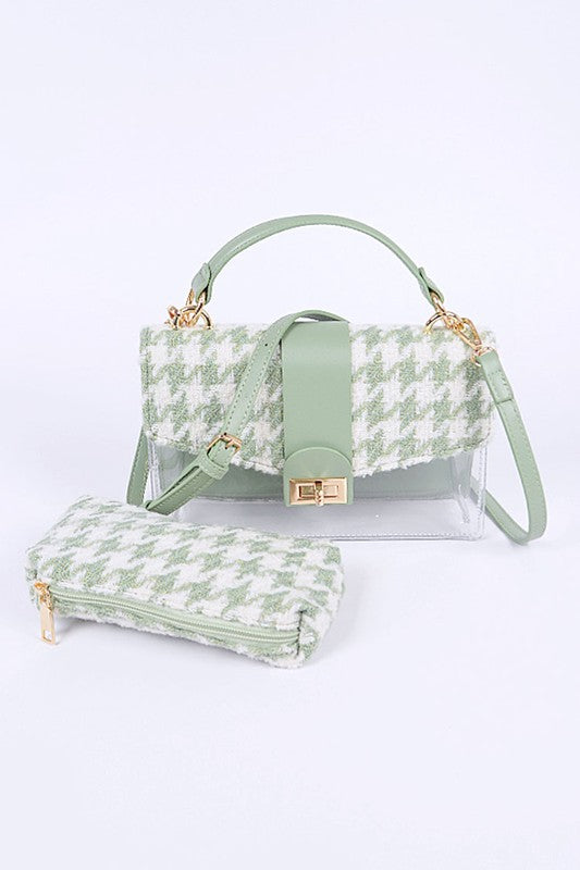 2 In 1 Houndstooth Print Clear Bag Set With Pouches