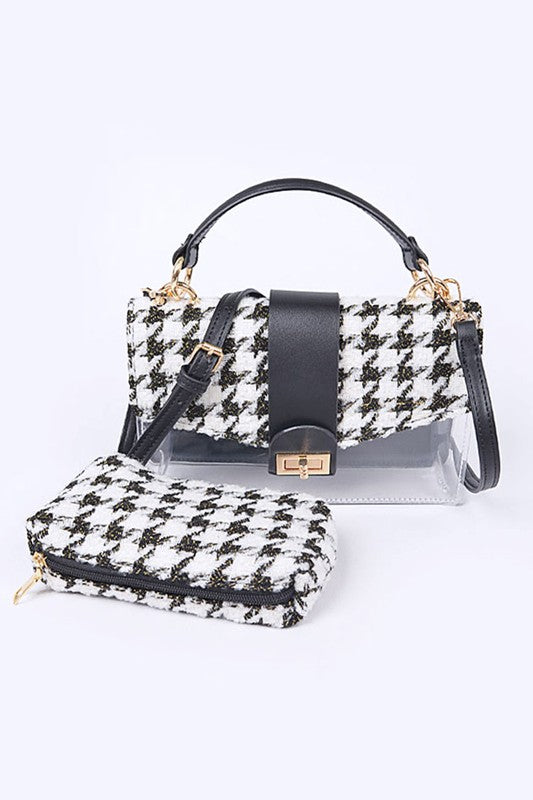 2 In 1 Houndstooth Print Clear Bag Set With Pouches