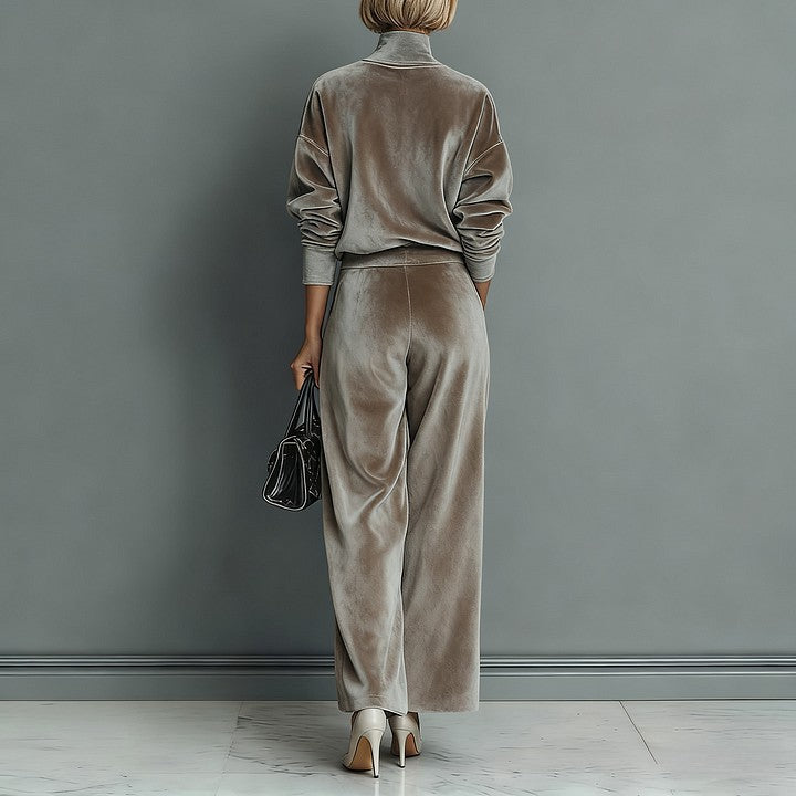 Casual Warm Velour Long-sleeved Solid Color High-neck Zipper Wide-leg Sportswear See size chart under “more details”