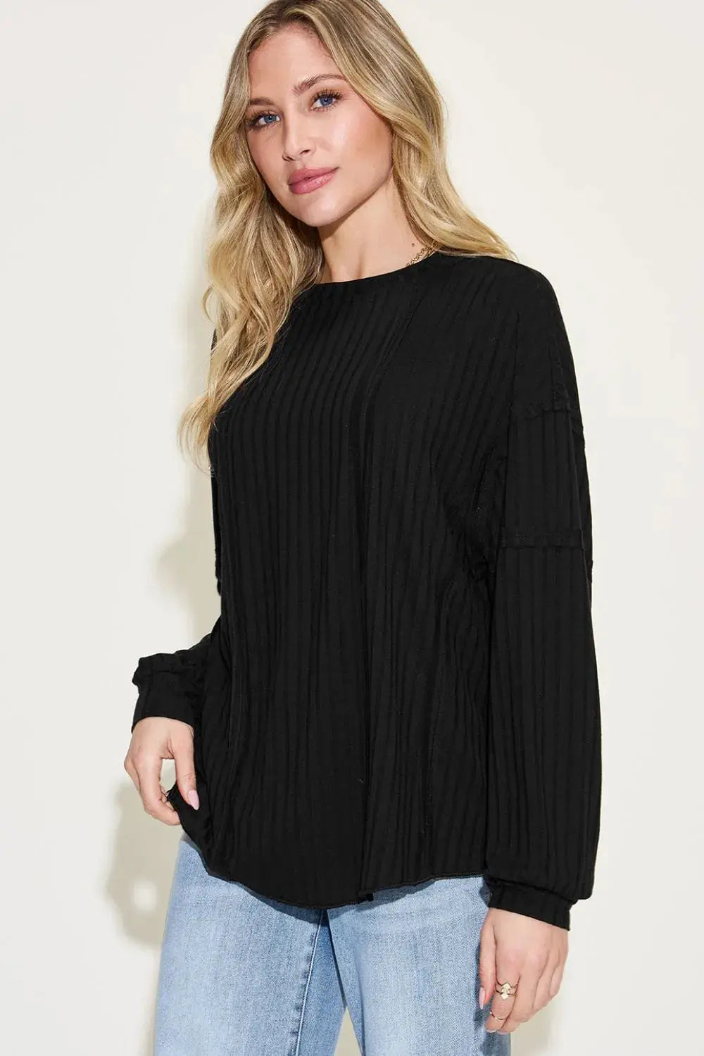 Basic Bae Full Size Round Neck Ribbed Long Sleeve T Shirt