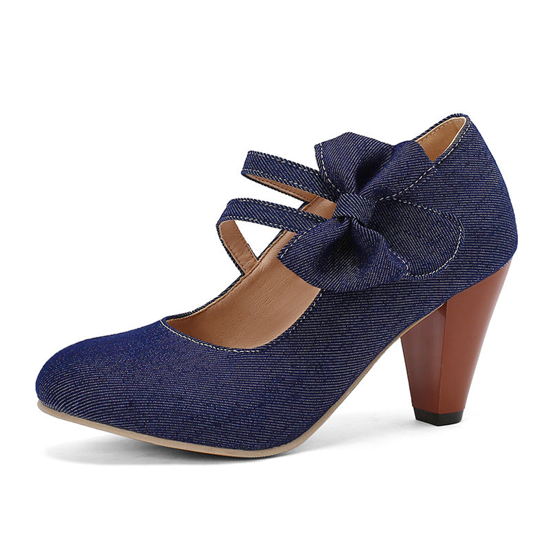 Round Toe High Heels Denim Bow See size chart under “more details”