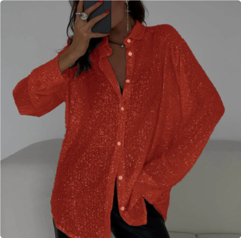 Sequin Lapel Long Sleeve Shirt See size chart under “more details”