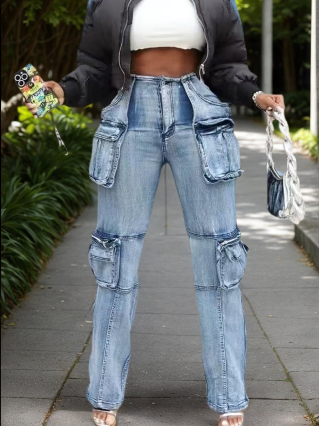New Women's Casual And Versatile Multi-pocket Work Pants, Mid-waisted Washed Straight-cut Jeans See size chart under “more details”