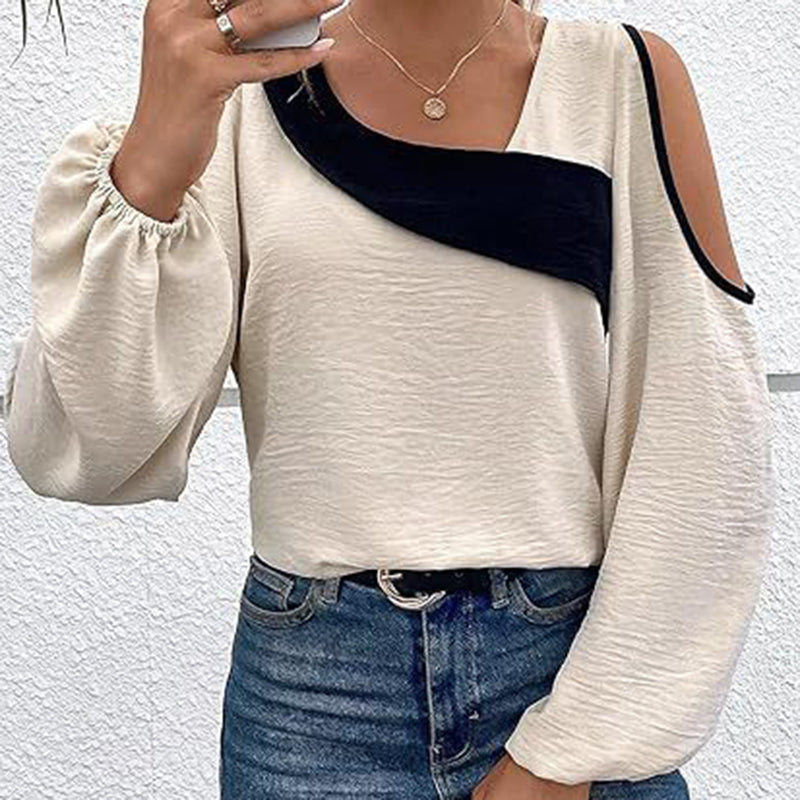 Women's Cold Shoulder Color Block Long Sleeve Tee Shirt Casual Going Out Top See size chart under “more details”