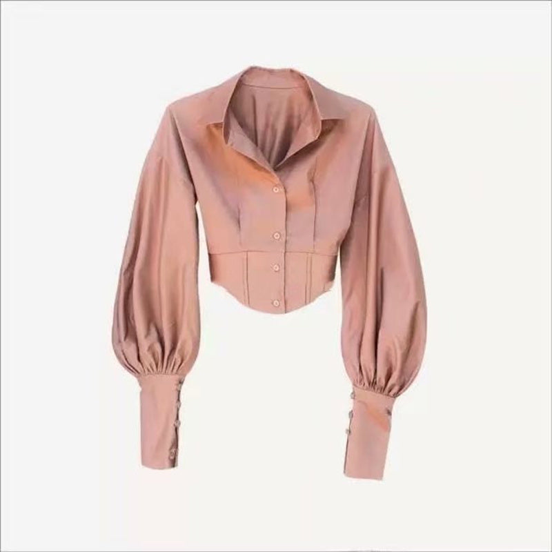 Women's Tie Waist Lapel Balloon Sleeve Shirt See size chart under “more details”