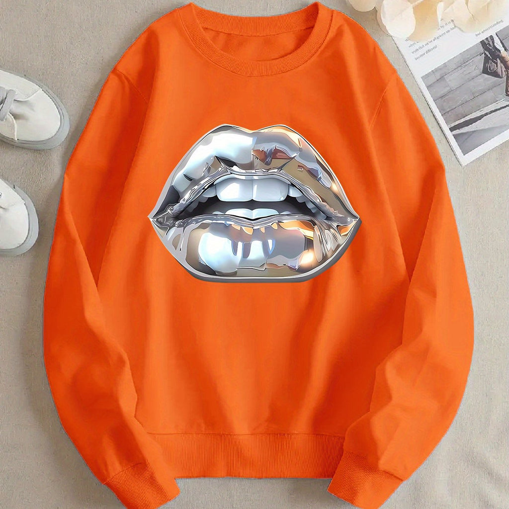 Womens Cartoon Silver Lip-Printed Sweatshirt See size chart under “more details”