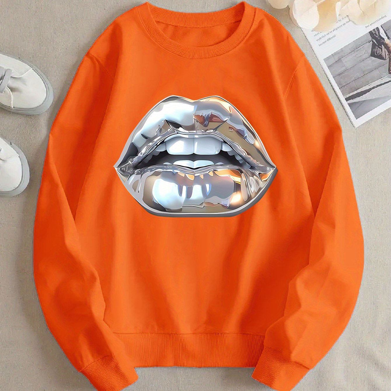 Womens Cartoon Silver Lip-Printed Sweatshirt See size chart under “more details”