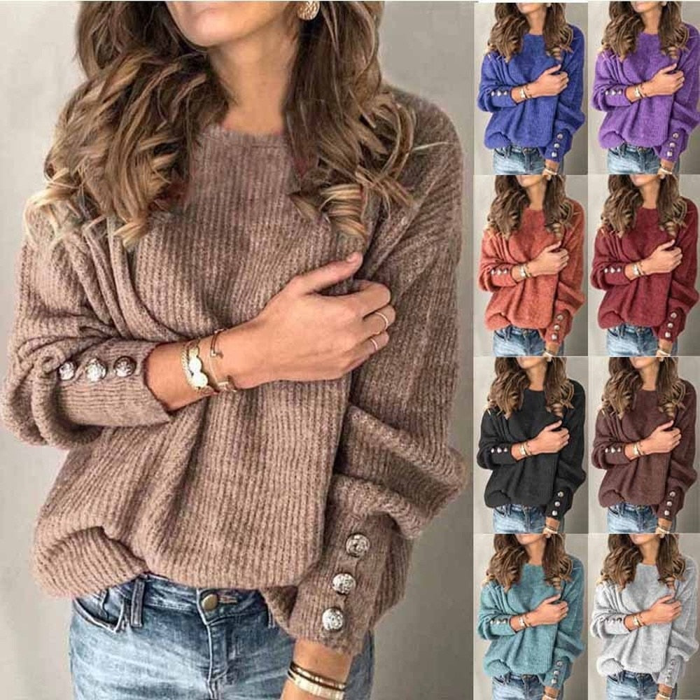 Long Sleeve Round Neck Button Knit T-shirt See size chart under “more details”