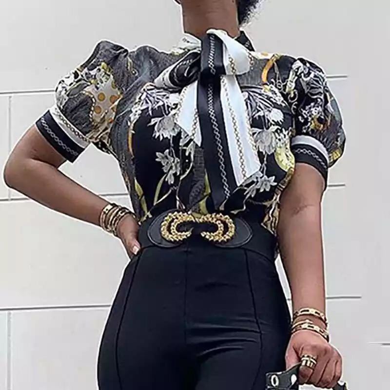 Printed chain shirt bow puff sleeve See size chart under “more details”