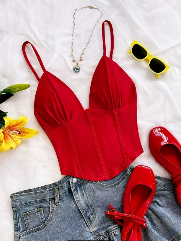 Women's Spring And Summer Fashion Retro Sexy V-Neck Off-Shoulder Design Knitted Camisole Top Suitable For Dates