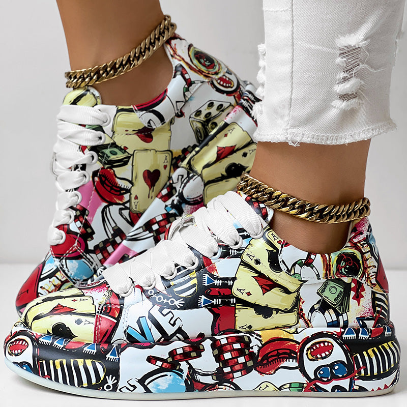 Women's Casual Round Toe Thick Sole Lace-Up Sneakers, Random Print Design, Comfortable Sporty Shoes For Daily Wear See size chart under “more details”
