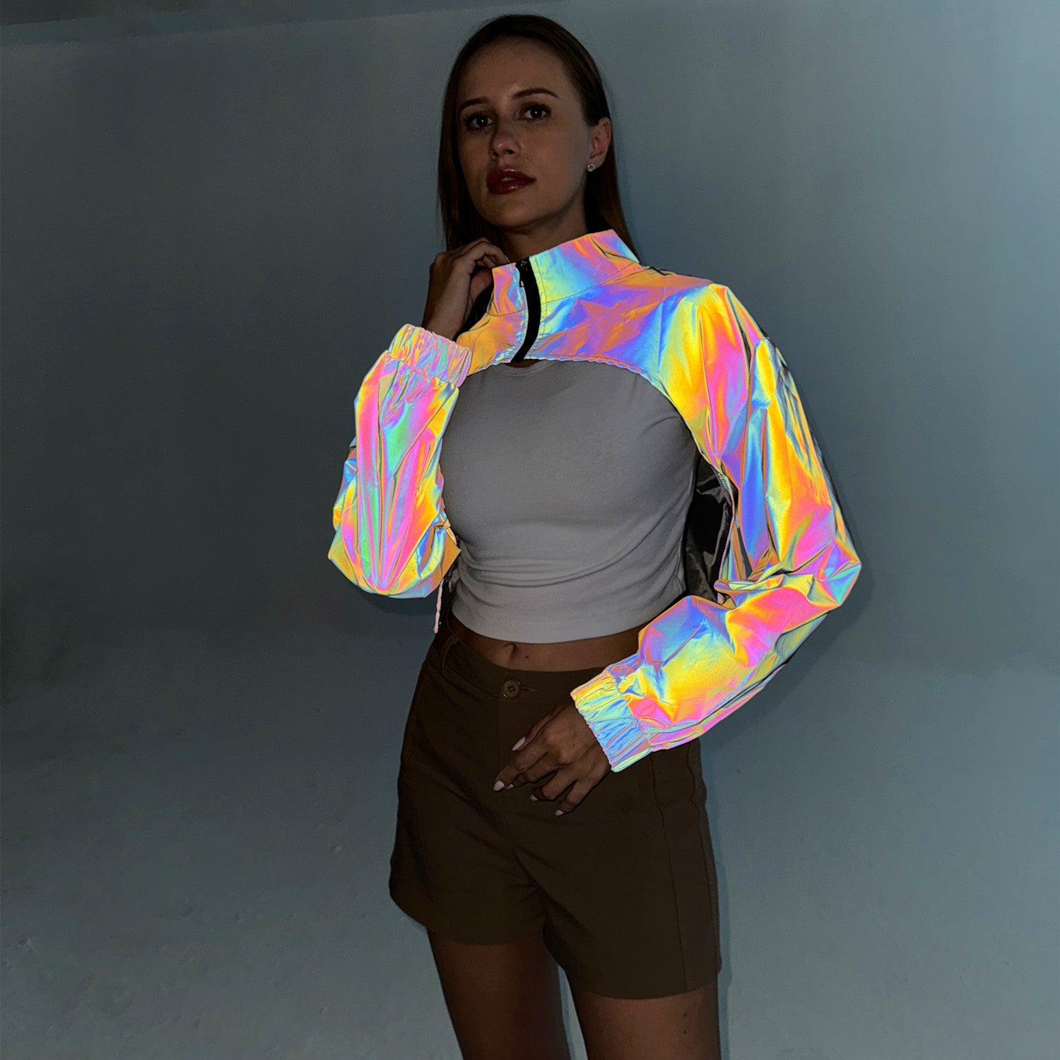 Women's Colorful Reflective Short Coat European And American See size chart under “more details”