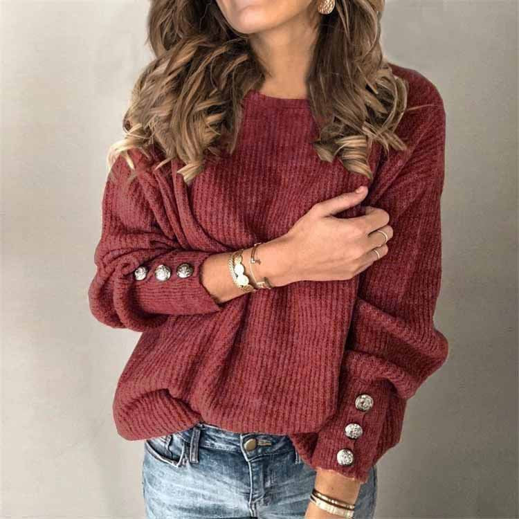 Long Sleeve Round Neck Button Knit T-shirt See size chart under “more details”