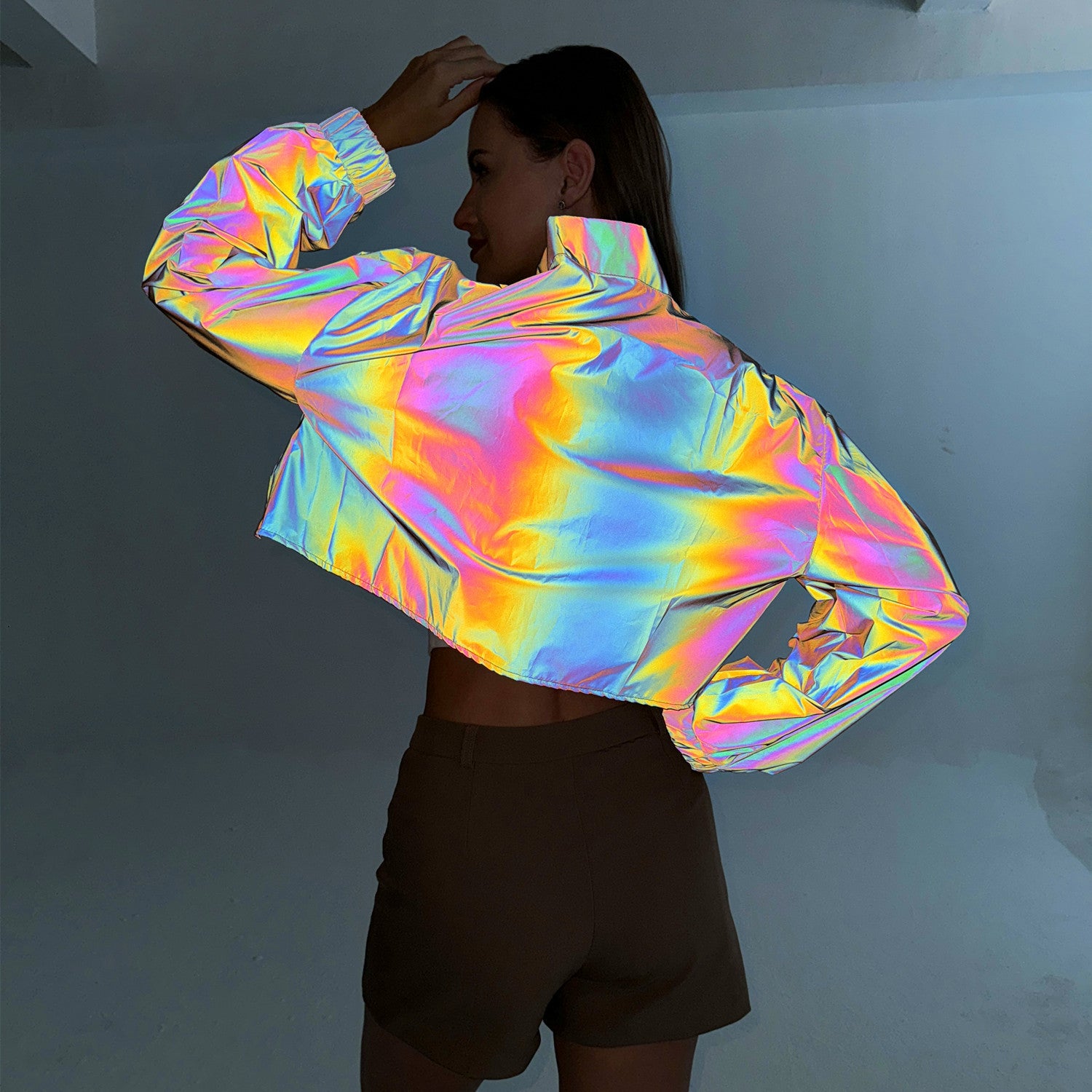 Women's Colorful Reflective Short Coat European And American See size chart under “more details”