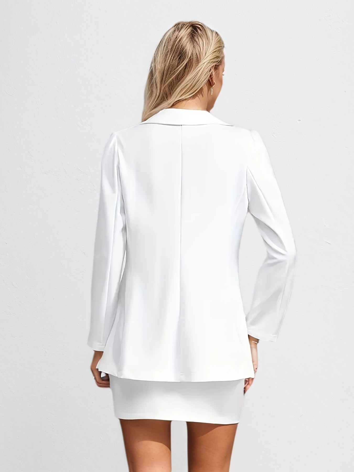 New Pure White Long Sleeved Skirt Set, Lapel Suit Jacket&solid Color Skirt, Double Breasted Closure, Comfortable And Casual, Noble And Elegant