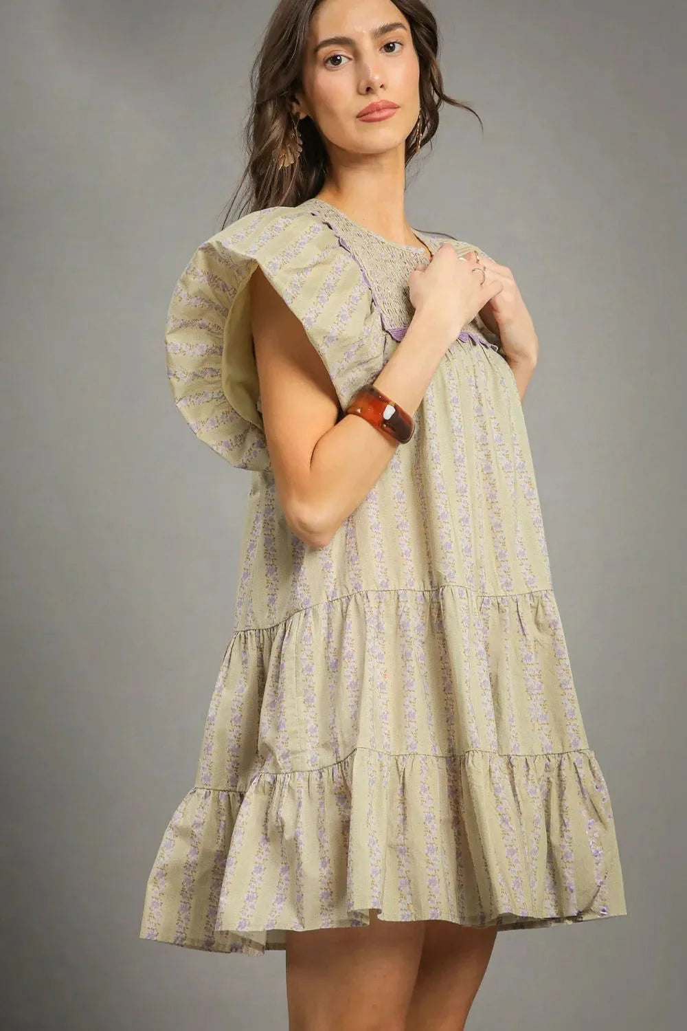 Umgee Floral Ruffled Cap Sleeve Tiered Cotton Mini Dress