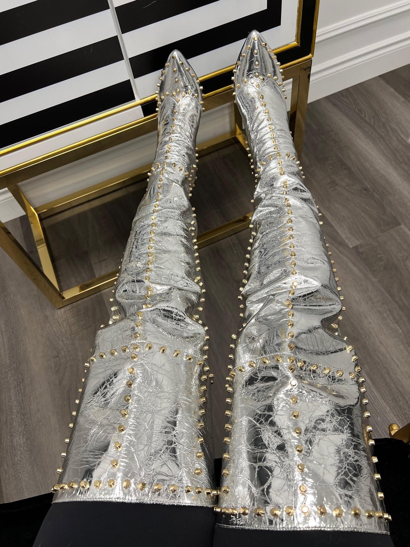 Explosive Sexy Gold-studded Stiletto-pointed Fashion Boots See size chart under “more details”