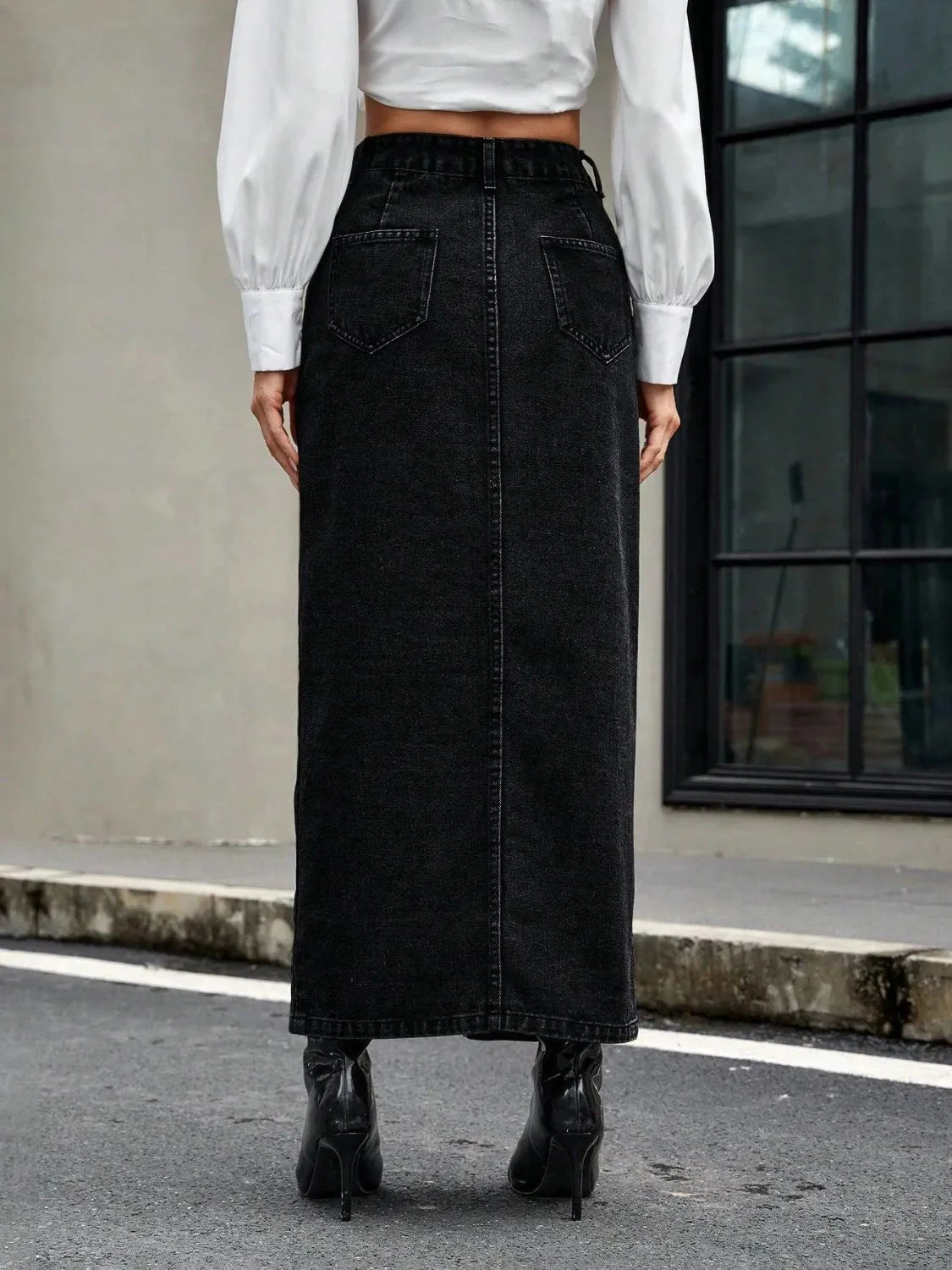 Cosmic Allure Black Denim Maxi Skirt with Slit