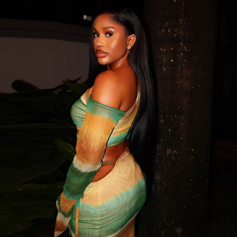 Elastic Oblique Collar Asymmetrical Two-piece Women's Clothing