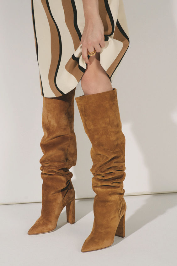 Pointed chunky heel pleated knee high boots See size chart under “more details”