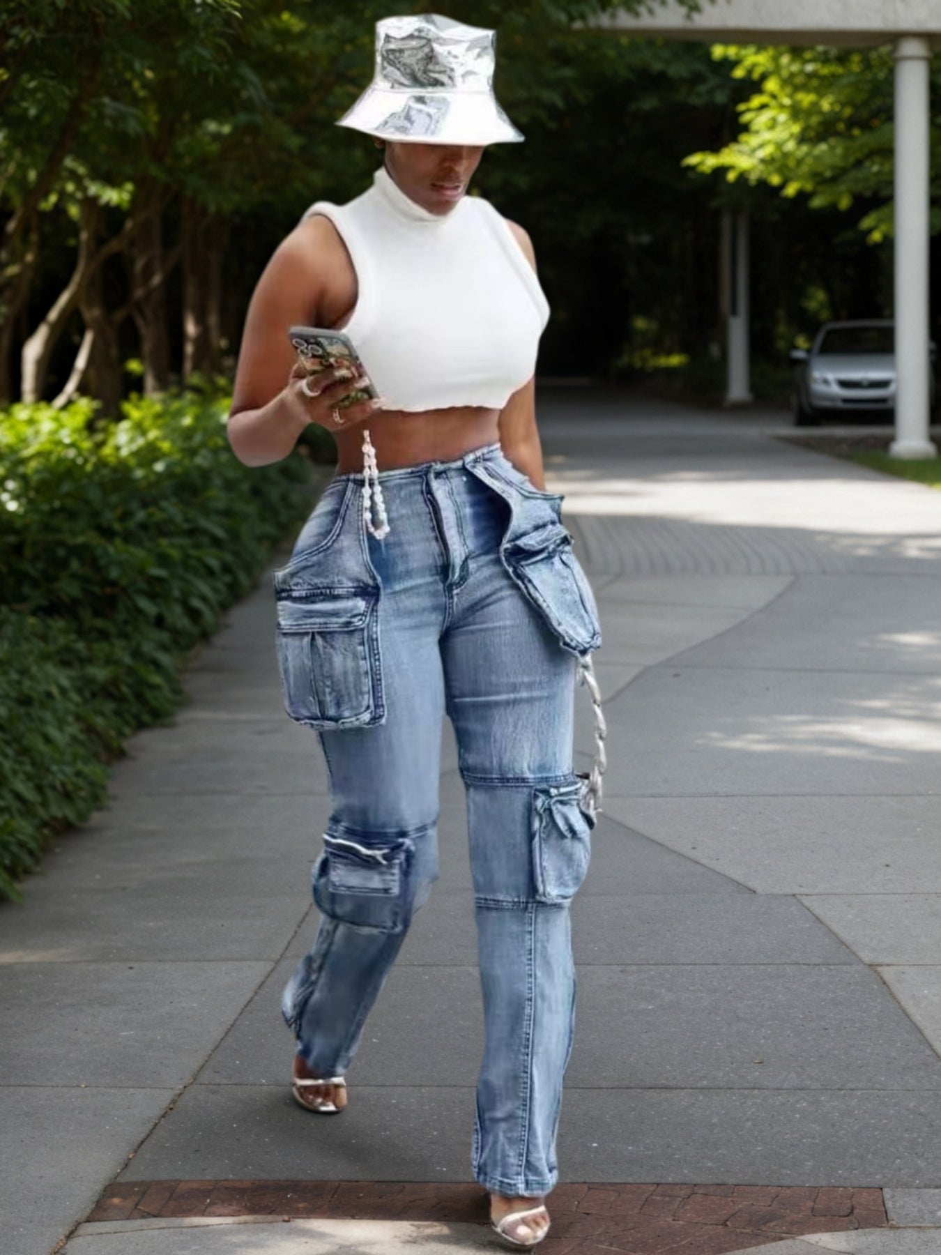 New Women's Casual And Versatile Multi-pocket Work Pants, Mid-waisted Washed Straight-cut Jeans See size chart under “more details”