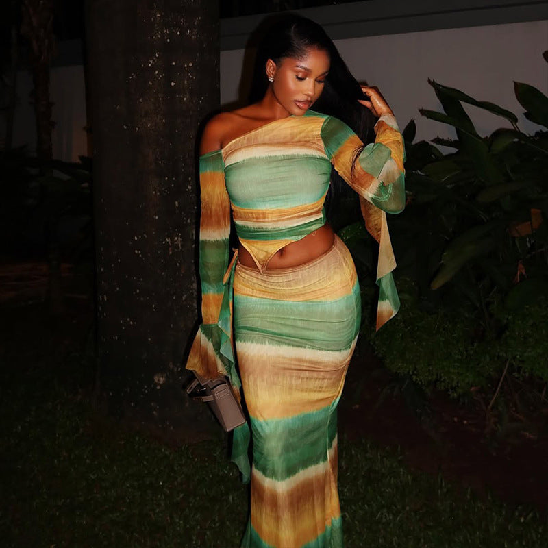 Elastic Oblique Collar Asymmetrical Two-piece Women's Clothing