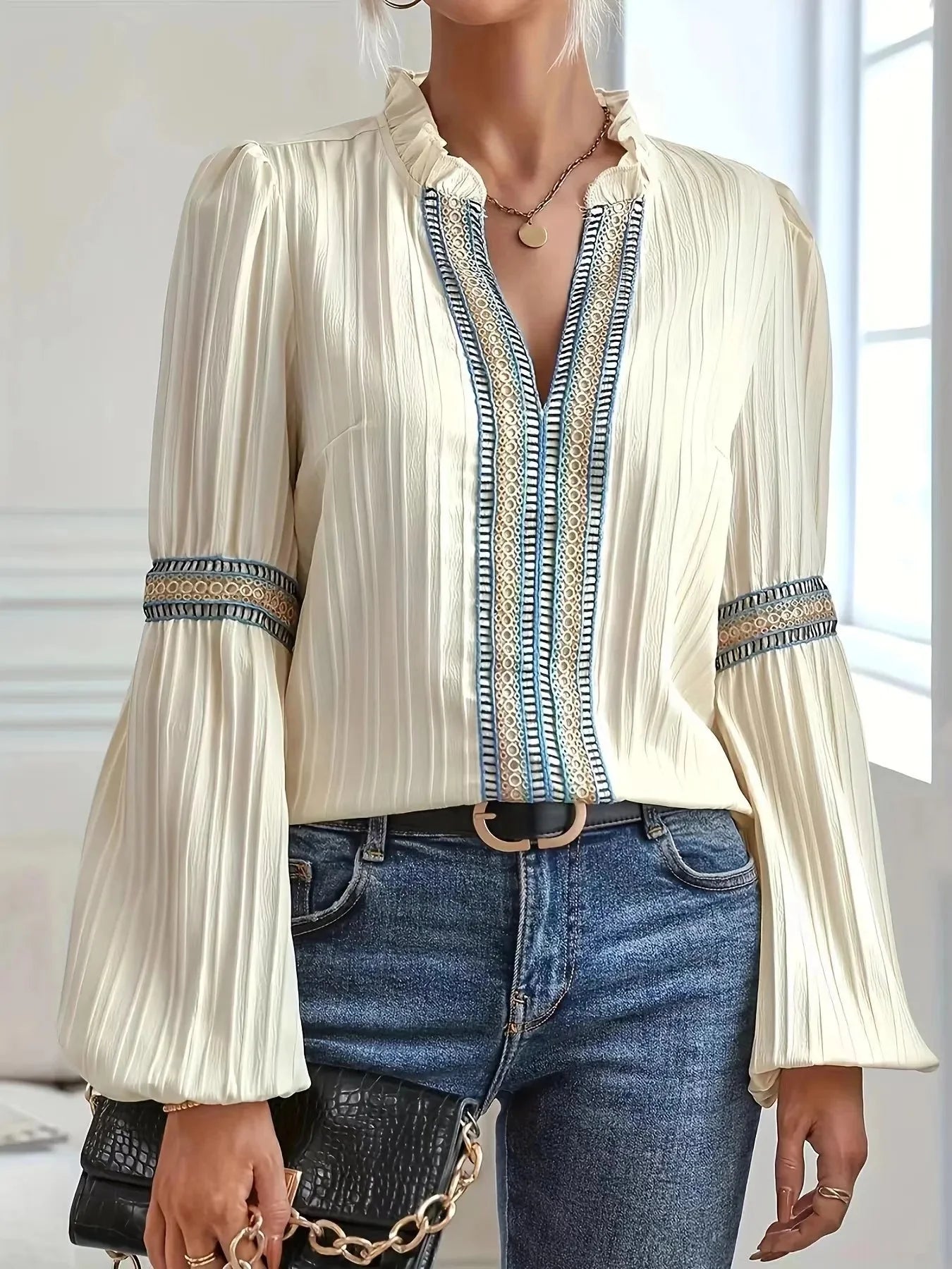 Textured Notched Balloon Sleeve Elegant Blouse