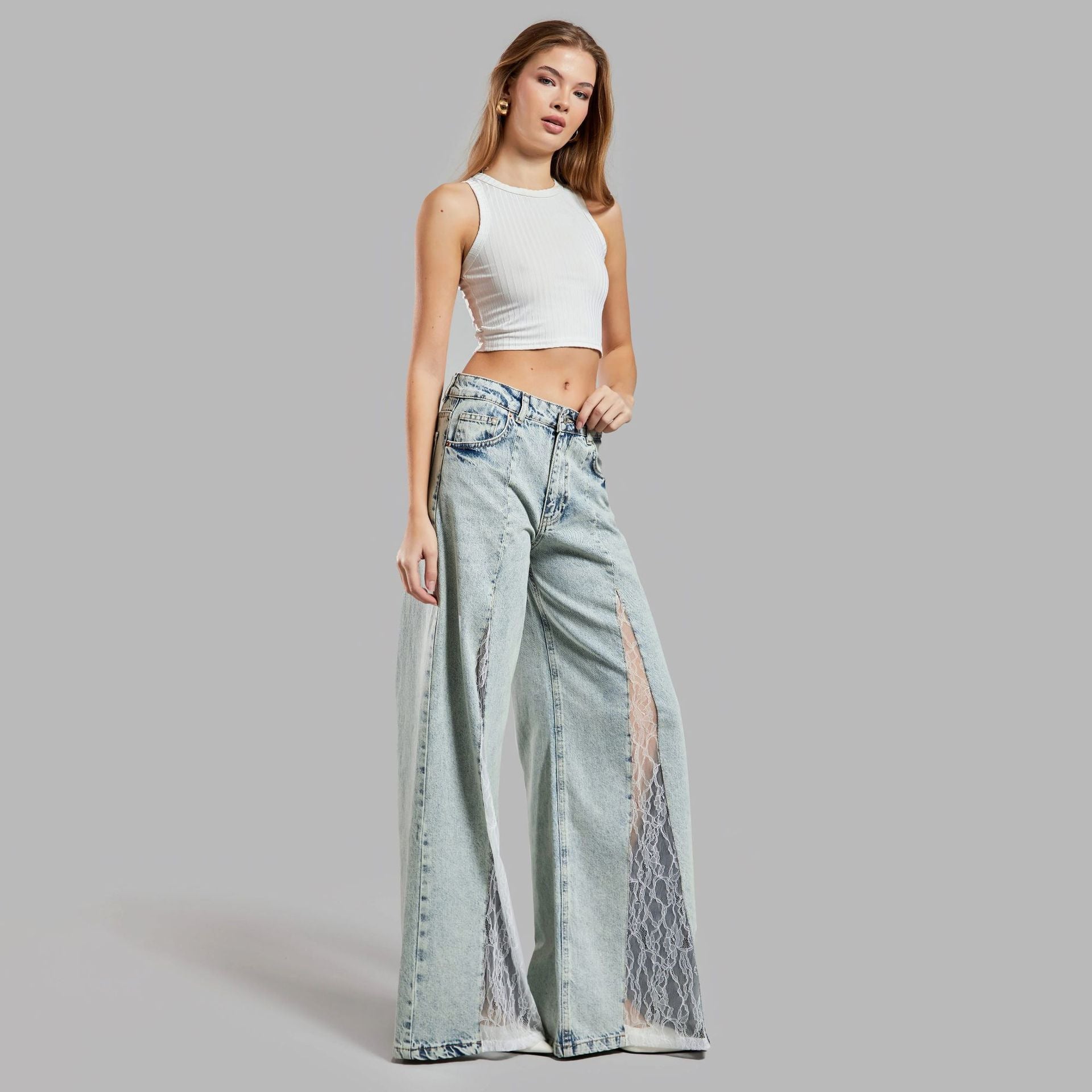 Street Lace Stitching Skinny Jeans See size chart under “more details”