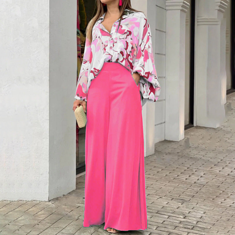 Women's Printed Shirt Wide Leg Pants Fashion Casual Set See size chart under “more details”