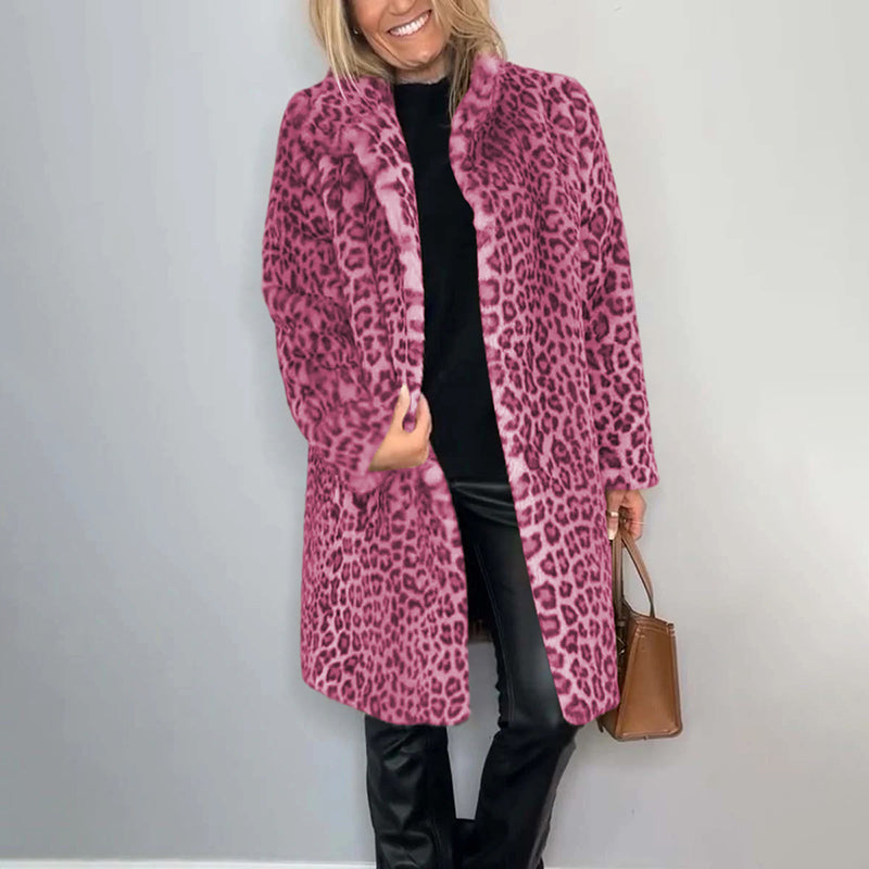Women's Leopard Print Plush Jacket, Cozy Loose-Fit Warm Coat Elegant Medium-Length Fall Winter Outwear
