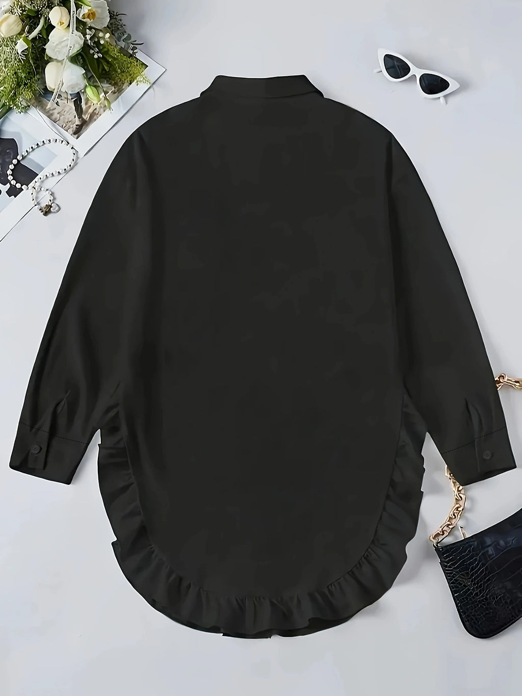 Hem Ruffled Casual Long Sleeve Shirt See size chart under “more details”