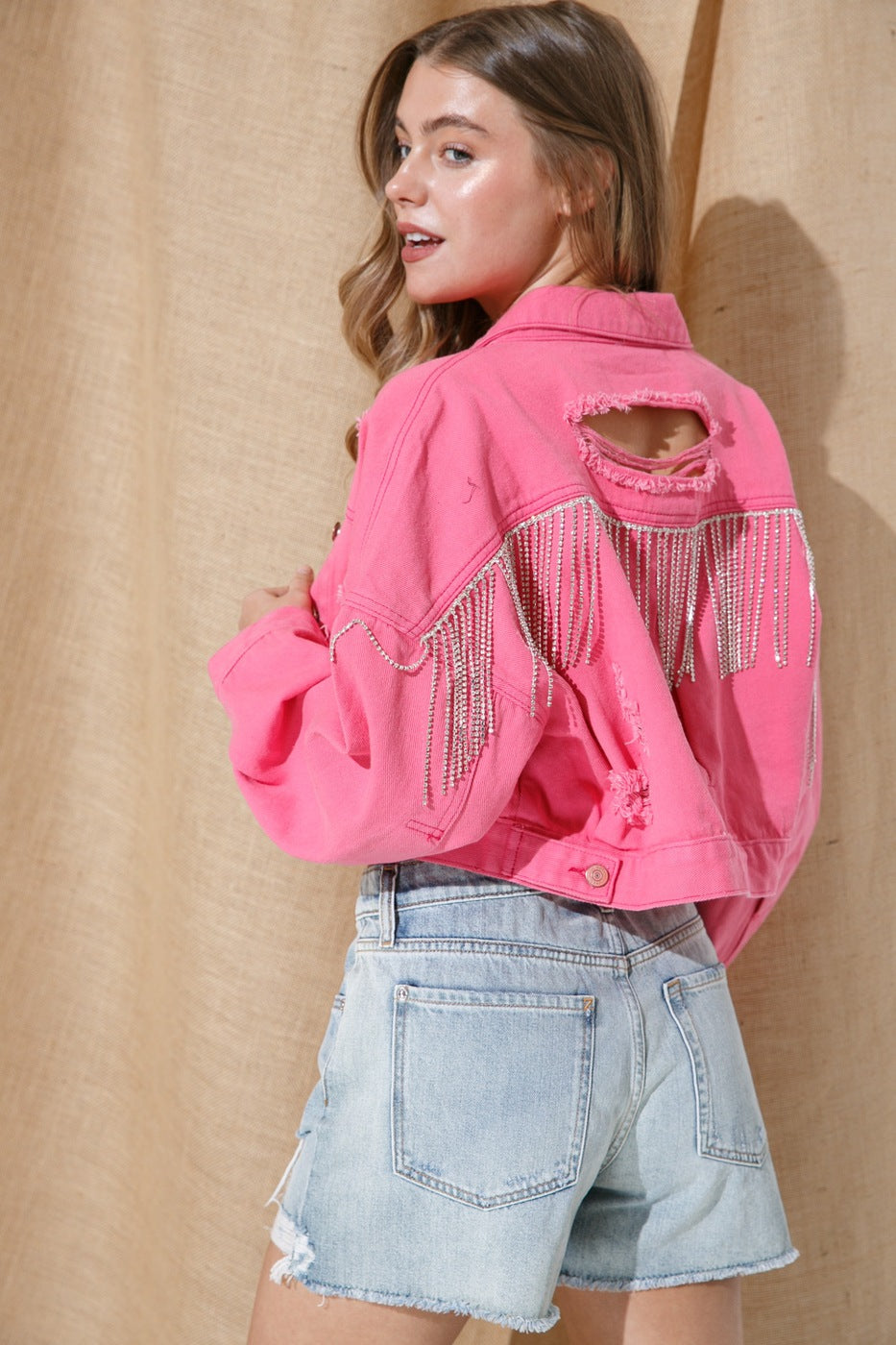 Ripped Rhinestone Denim Jacket Tassel Long Sleeve Denim Jacket See size chart under “more details”