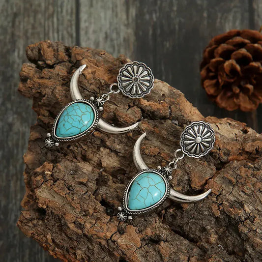 Western Cow Head Turquoise Statement Earrings