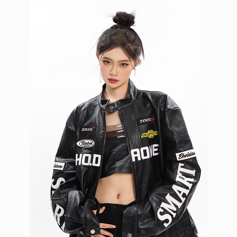 Women's Loose Letter Racing Motorcycle Jacket See size chart under “more details”