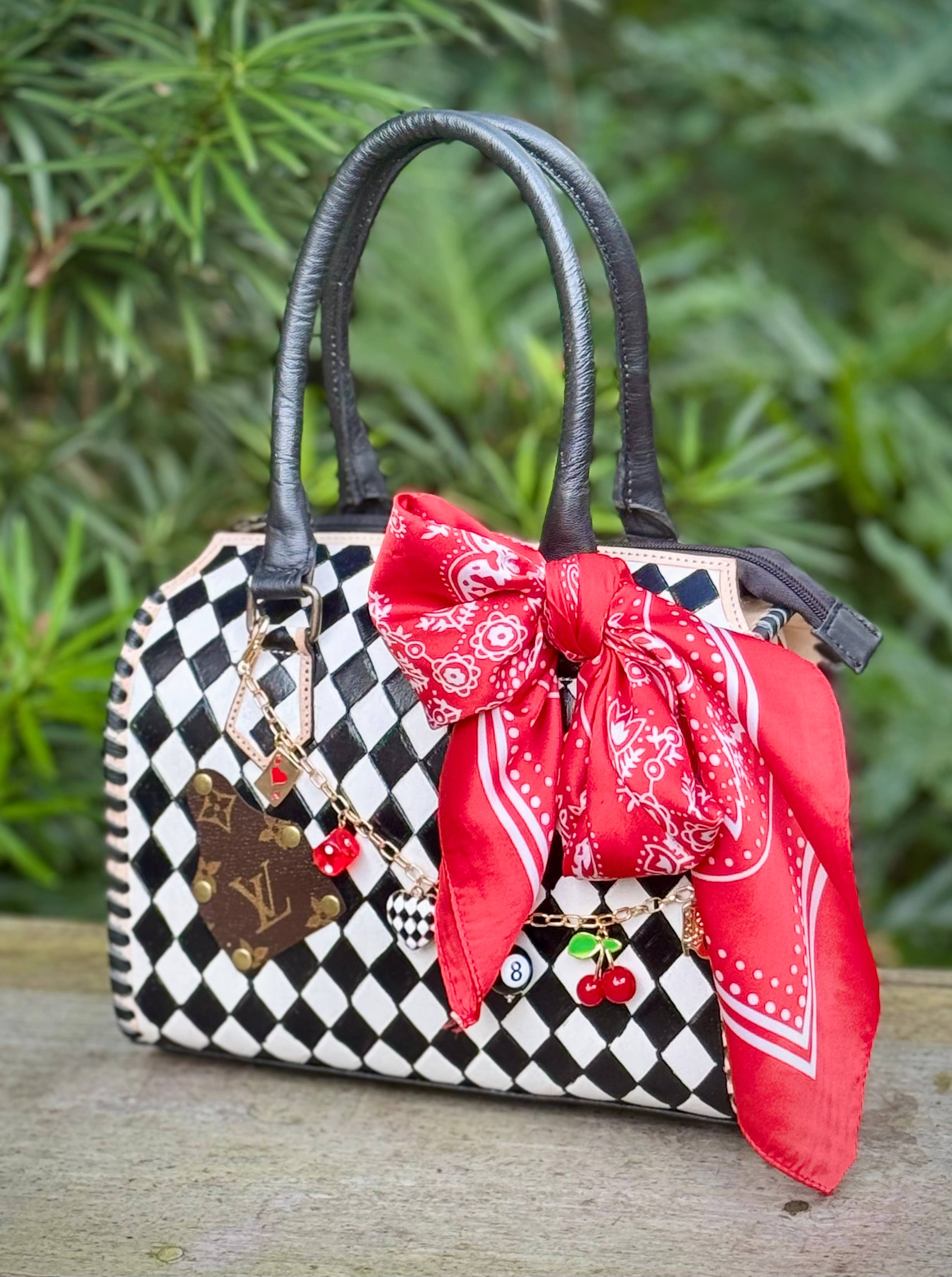 Upcycled LV Leather Checkered & Cherries Speedy Bag See size chart under “more details”
