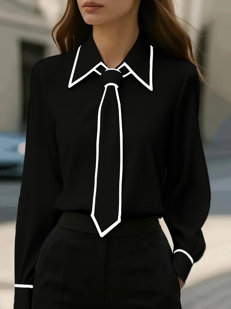 Autumn Fashion Solid Color Commute Tie Long Sleeve Shirt Women's Clothing