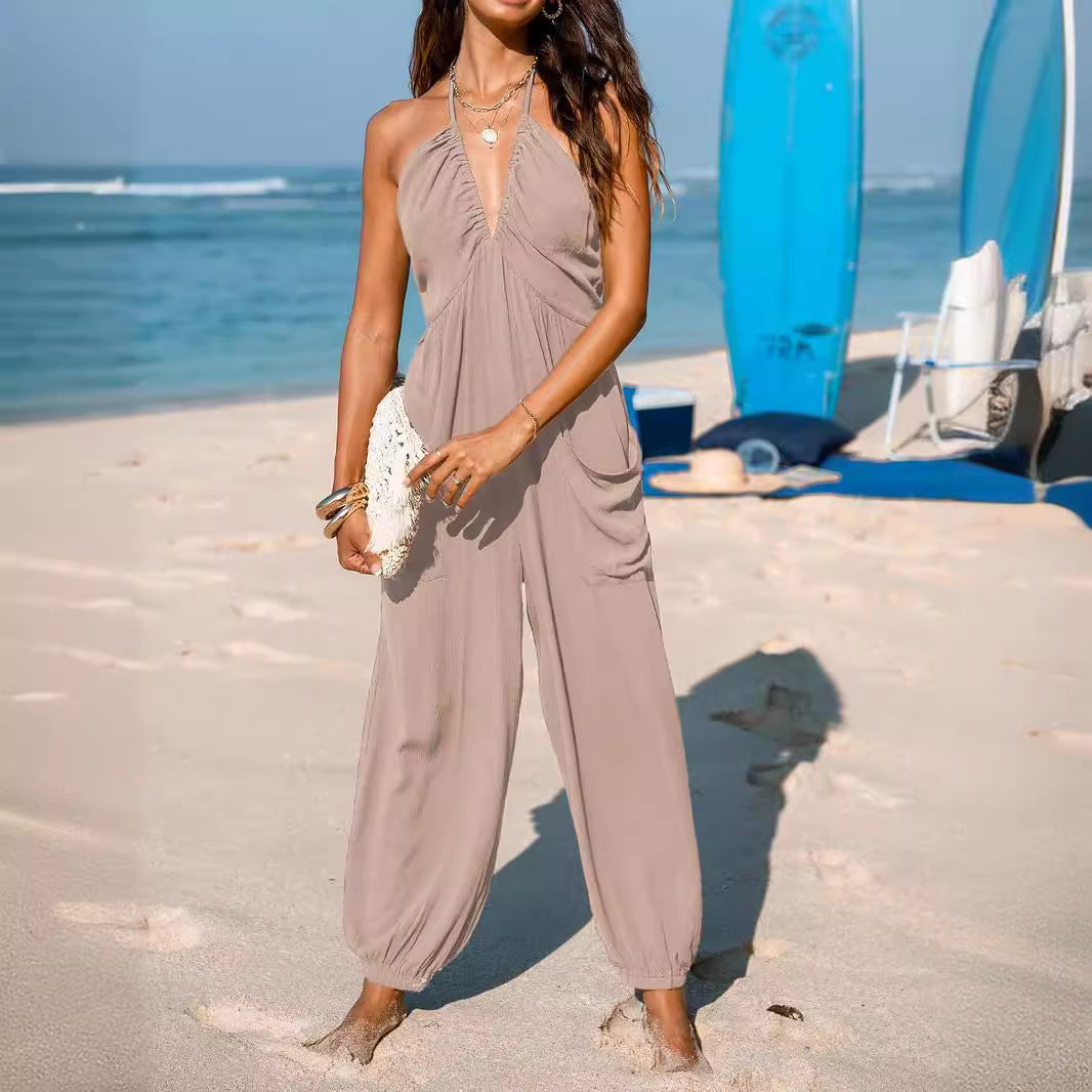 Back Lace-up Wide Leg Beam Foot Length Jumpsuit (see size chart under more details)