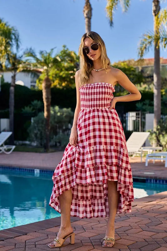 BiBi Smocked Body Off Shoulder Check Dress (Red)