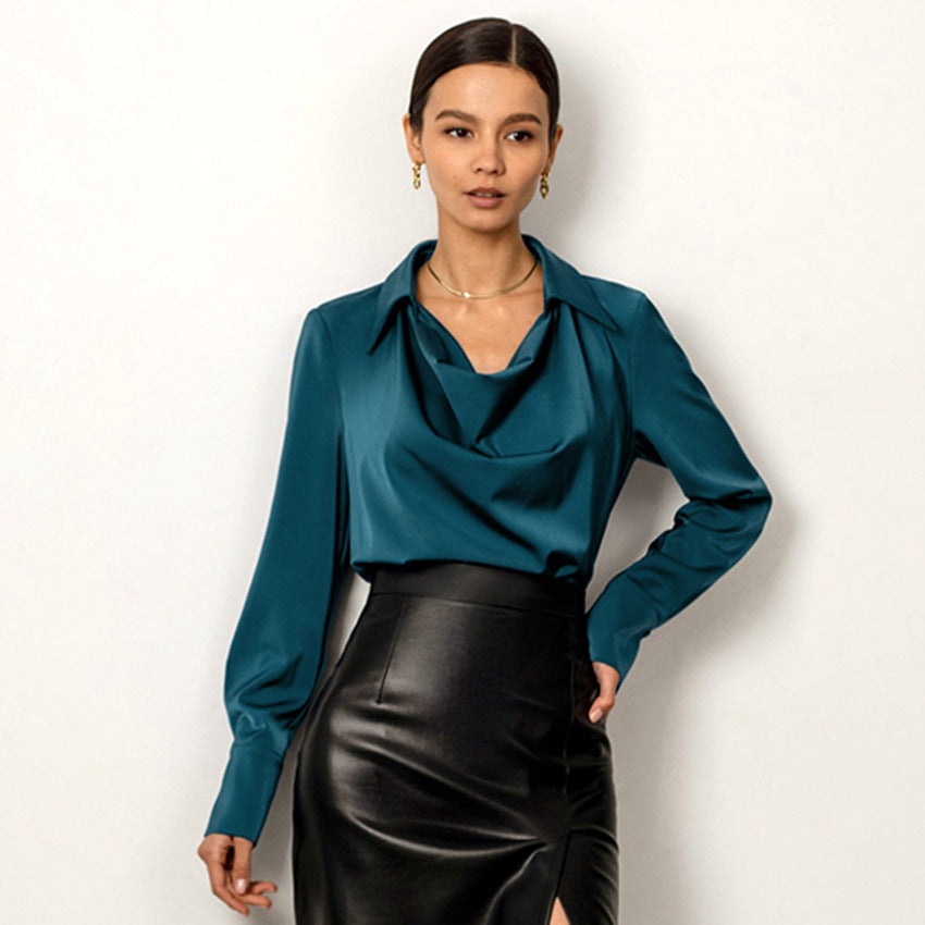Women's Fashion Long Sleeve Irregular Collar Drape Shirt See size chart under “more details”