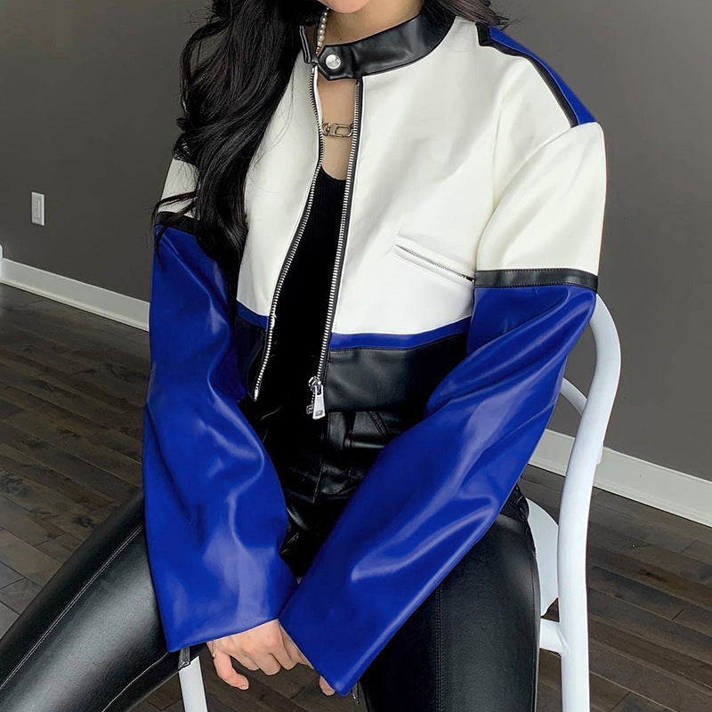 Women's Zip Button Collar Long Sleeve Dress Contrast Leather Jacket