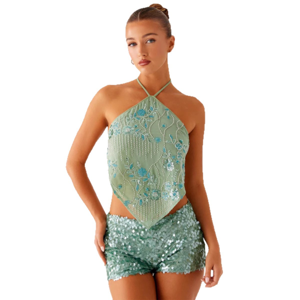 Trendy Sequined Embroidered Halter Spaghetti Straps Backless Lace-up Sleeveless Top