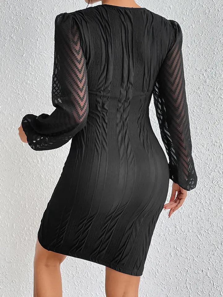 Round Neck Puff Sleeve Tulip Hem Mini Dress