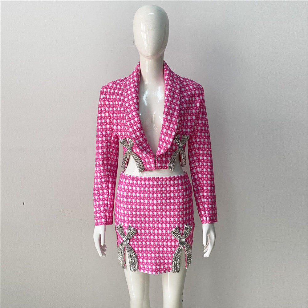 Niche Design Rhinestone Bow Knitted Coat Skirt Outfit See size chart under “more details”