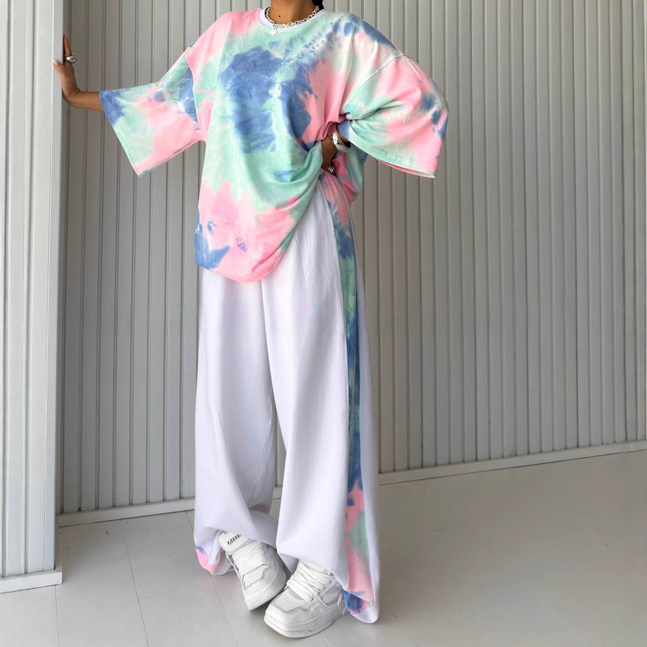 Womens Short-Sleeve Crew-Neck Tie-Dye T-Shirt And Pants Set