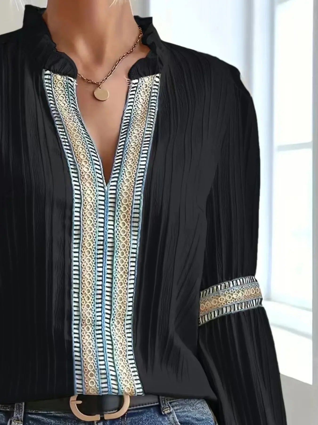 Textured Notched Balloon Sleeve Elegant Blouse