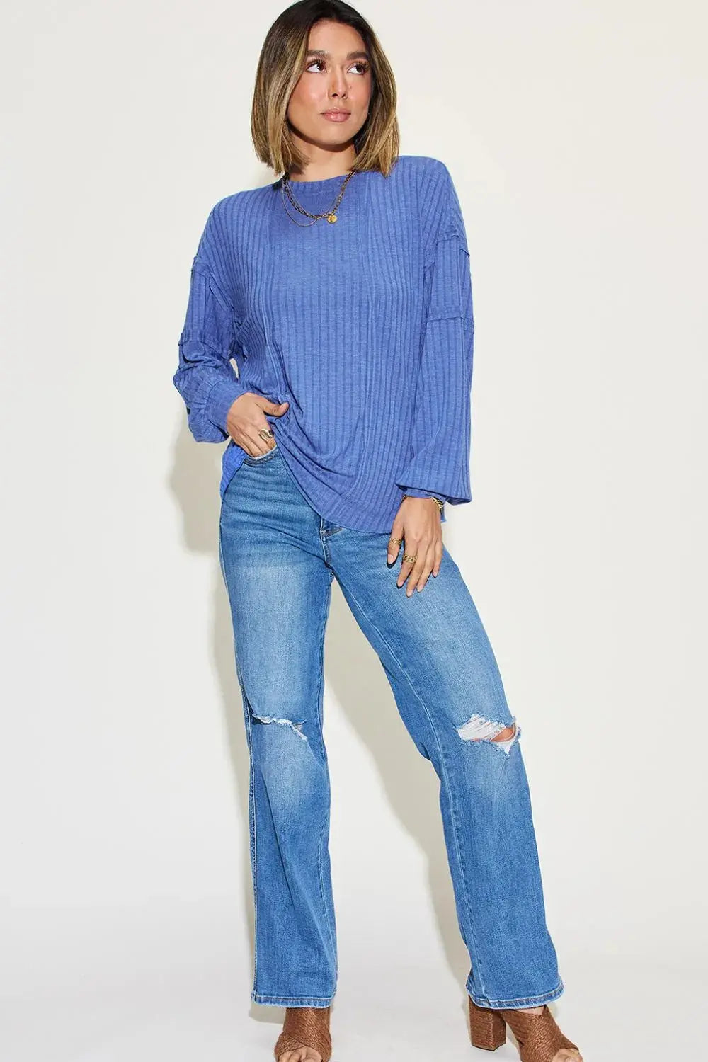 Basic Bae Full Size Round Neck Ribbed Long Sleeve T Shirt